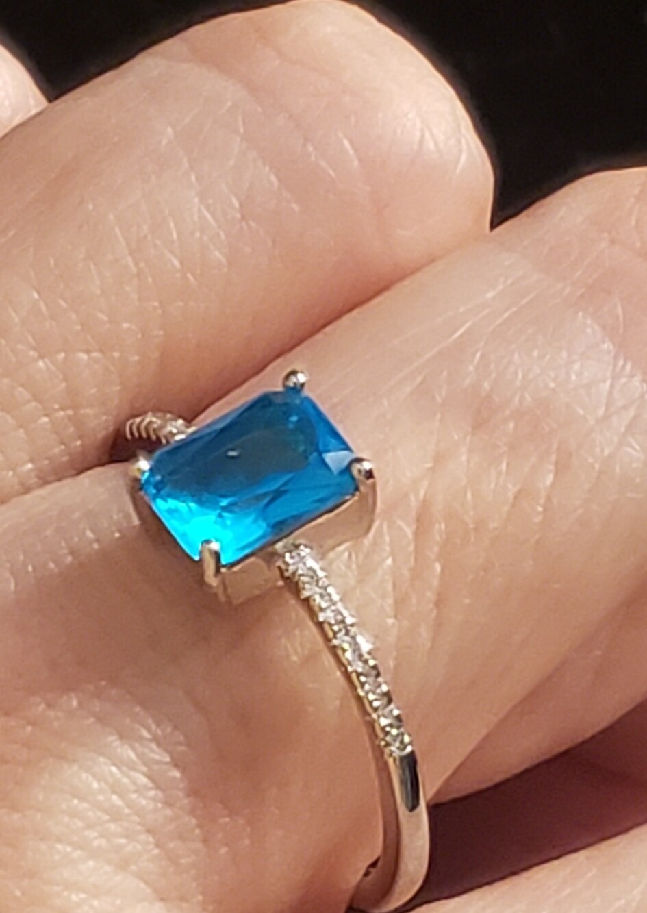 NEW SZ 10 Blue Topaz & Stamped 925 Sterling Ring, Emerald Cut, Channel Set Band.